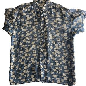 Hawaii Silkyway Silk Abstract Print Short Sleeve Shirt Size Large  Gray Blue